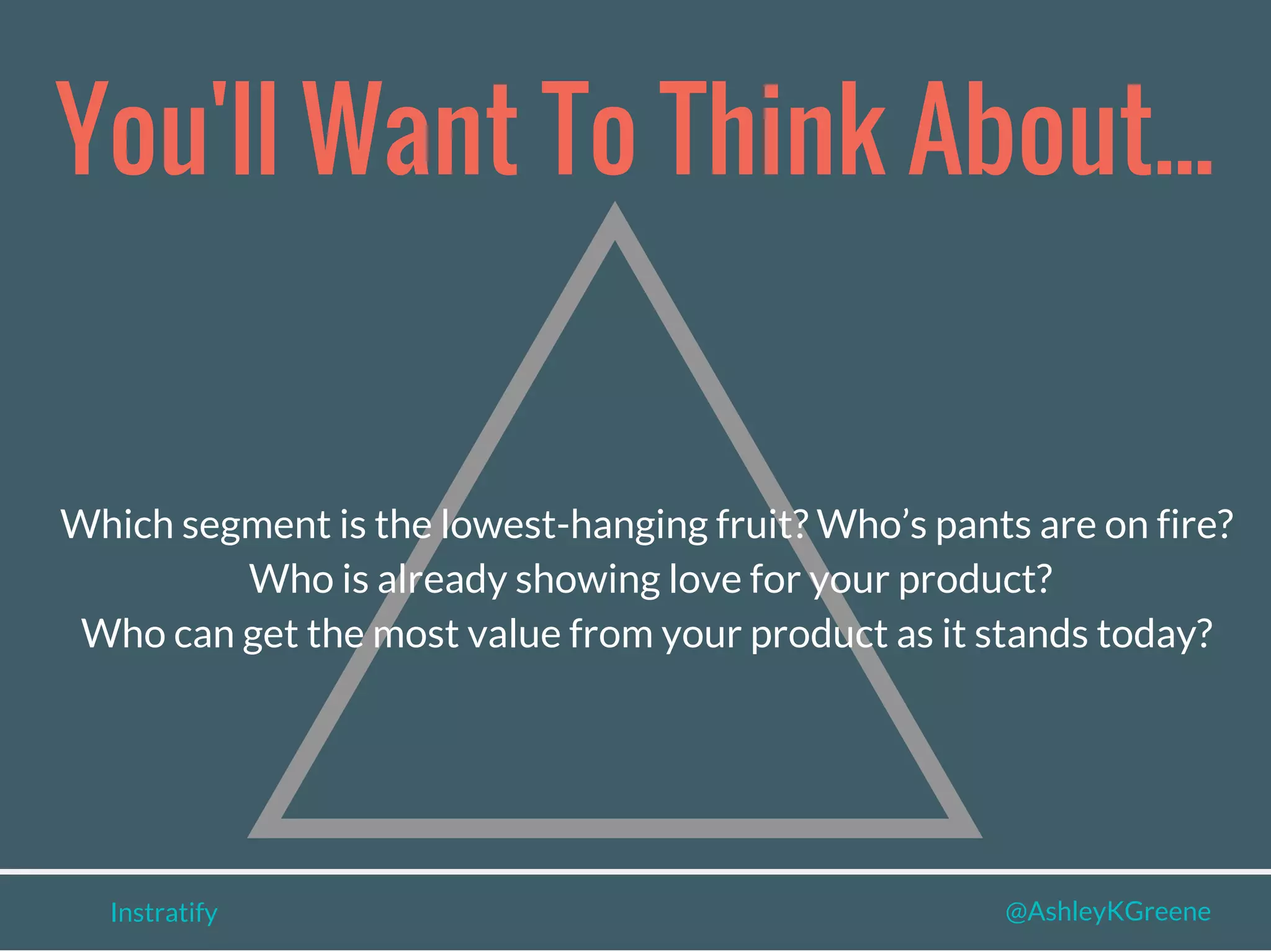 Instratify @AshleyKGreene
You'll Want To Think About...
Which segment is the lowest-hanging fruit? Who’s pants are on fire?
Who is already showing love for your product?
Who can get the most value from your product as it stands today?
 