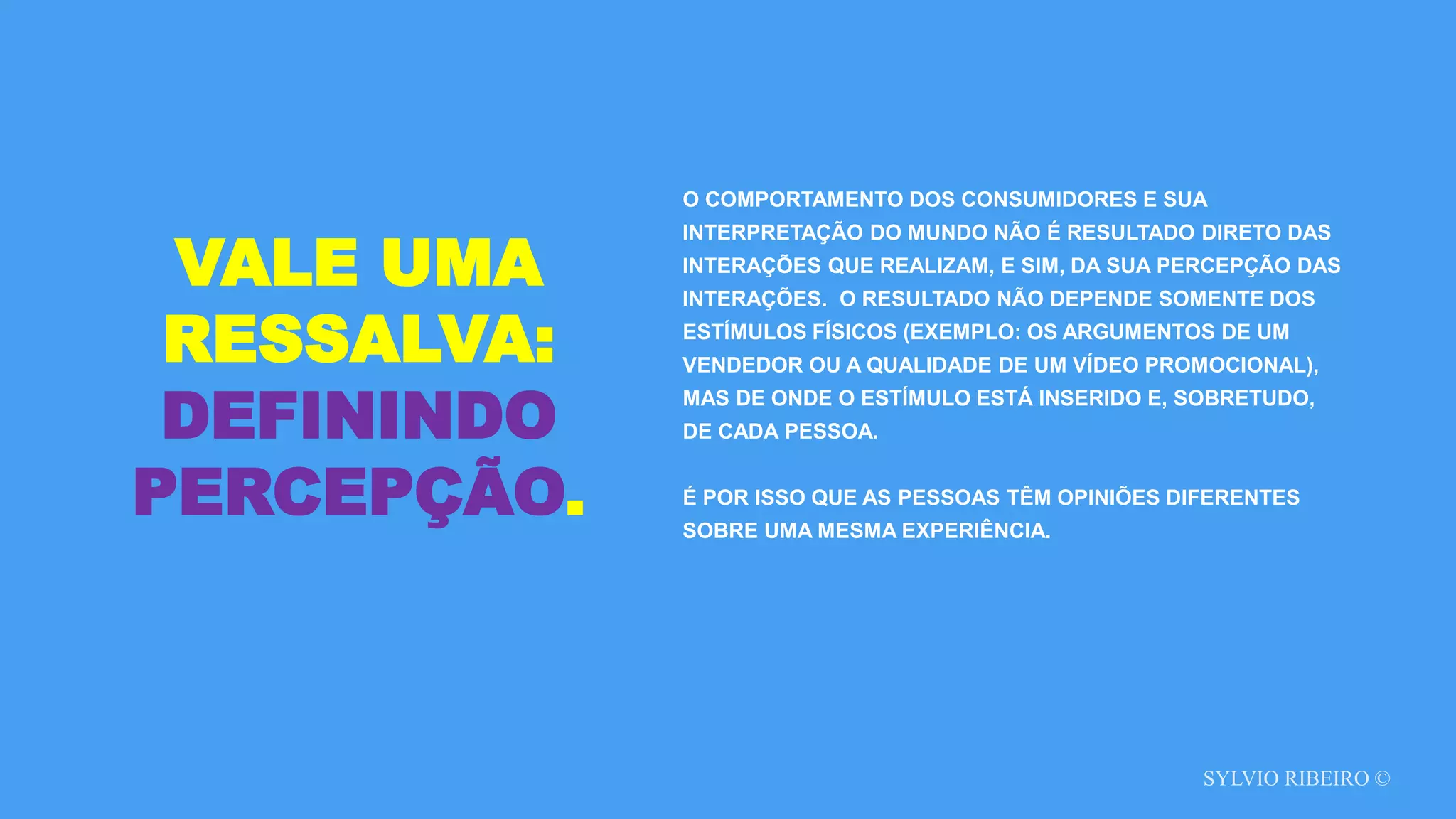 SYLVIO RIBEIRO ©
VALE UMA
RESSALVA:
DEFININDO
PERCEPÇÃO.
O COMPORTAMENTO DOS CONSUMIDORES E SUA
INTERPRETAÇÃO DO MUNDO NÃO É RESULTADO DIRETO DAS
INTERAÇÕES QUE REALIZAM, E SIM, DA SUA PERCEPÇÃO DAS
INTERAÇÕES. O RESULTADO NÃO DEPENDE SOMENTE DOS
ESTÍMULOS FÍSICOS (EXEMPLO: OS ARGUMENTOS DE UM
VENDEDOR OU A QUALIDADE DE UM VÍDEO PROMOCIONAL),
MAS DE ONDE O ESTÍMULO ESTÁ INSERIDO E, SOBRETUDO,
DE CADA PESSOA.
É POR ISSO QUE AS PESSOAS TÊM OPINIÕES DIFERENTES
SOBRE UMA MESMA EXPERIÊNCIA.
 