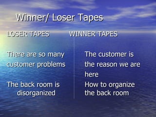 Winner/ Loser Tapes LOSER TAPES   WINNER TAPES There are so many   The customer is  customer problems   the reason we are   here The back room is   How to organize disorganized   the back room 