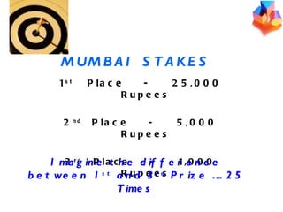 MUMBAI STAKES 1 st   Place - 25,000 Rupees 2 nd Place -  5,000 Rupees 3 rd   Place -  1,000 Rupees Imagine the difference between 1 st  and 3 rd  Prize ….. 25 Times 