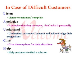 In Case of Difficult Customers
L isten
  •Listen to customers’ complain
A pologize
  •Apologize that they are upset, don’t take it personally
U nderstand
  •Understand customers’ concern and acknowledge their
  suggestions
G ive
  •Give them options for their situations
H elp
  •Help customers to find a solution
 