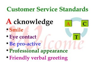 Customer Service Standards

A cknowledge             A       C
• Smile
• Eye contact                T
• Be pro-active
• Professional appearance
• Friendly verbal greeting
 
