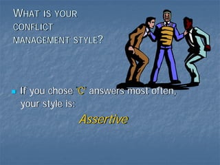 WHAT IS YOUR
CONFLICT
MANAGEMENT STYLE?




 If you chose ‘C’ answers most often,
 your style is:
               Assertive
 