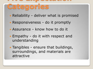 Five Expectation
Categories
   Reliability - deliver what is promised
   Responsiveness - do it promptly
   Assurance - know how to do it
   Empathy - do it with respect and
    understanding
   Tangibles - ensure that buildings,
    surroundings, and materials are
    attractive
 