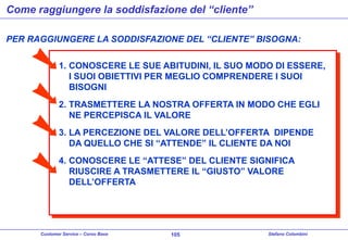 Come raggiungere la soddisfazione del “cliente”
PER RAGGIUNGERE LA SODDISFAZIONE DEL “CLIENTE” BISOGNA:
1. CONOSCERE LE SUE ABITUDINI, IL SUO MODO DI ESSERE,
I SUOI OBIETTIVI PER MEGLIO COMPRENDERE I SUOI
BISOGNI
2. TRASMETTERE LA NOSTRA OFFERTA IN MODO CHE EGLI
NE PERCEPISCA IL VALORE
3. LA PERCEZIONE DEL VALORE DELL’OFFERTA DIPENDE
DA QUELLO CHE SI “ATTENDE” IL CLIENTE DA NOI
4. CONOSCERE LE “ATTESE” DEL CLIENTE SIGNIFICA
RIUSCIRE A TRASMETTERE IL “GIUSTO” VALORE
DELL’OFFERTA

Customer Service – Corso Base

105

Stefano Colombini

 