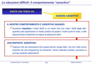 Le situazioni difficili: il comportamento “assertivo”
ESISTE UNA TERZA VIA

ESSERE ASSERTIVI

IL NOSTRO COMPORTAMENTO E’ ASSERTIVO QUANDO:

 facciamo rispettare i nostri diritti in un modo che non viola i diritti degli altri,
quando cioè esprimiamo in modo onesto ed aperto i nostri punti di vista, e allo
stesso tempo mostriamo di capire la posizione altrui

UNA RISPOSTA ASSERTIVA:

 Capisco che sia necessario che questo lavoro venga fatto, ma non vedo come
inserirlo nel mio programma al momento. Vorrei volentieri aiutarti, proviamo a
cercare qualche alternativa?

Customer Service – Corso Base

122

Stefano Colombini

 