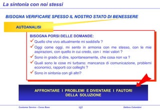 La sintonia con noi stessi
BISOGNA VERIFICARE SPESSO IL NOSTRO STATO DI BENESSERE
AUTOANALISI
BISOGNA PORSI DELLE DOMANDE:

 Quello che vivo attualmente mi soddisfa ?
 Oggi come oggi, mi sento in armonia con

me stesso, con le mie
aspirazioni, con quello in cui credo, con i miei valori ?

 Sono in grado di dire, spontaneamente, che cosa non va ?
 Quali sono le cose mi turbano: mancanza di comunicazione, problemi
economici, rapporti coi colleghi ?

 Sono in sintonia con gli altri?

AFFRONTARE I PROBLEMI E DIVENTARE I FAUTORI
DELLA SOLUZIONE
Customer Service – Corso Base

127

Stefano Colombini

 