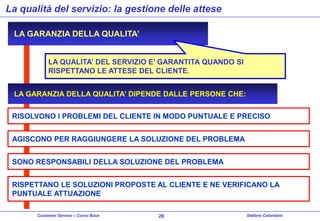 La qualità del servizio: la gestione delle attese
LA GARANZIA DELLA QUALITA’
LA QUALITA’ DEL SERVIZIO E’ GARANTITA QUANDO SI
RISPETTANO LE ATTESE DEL CLIENTE.
LA GARANZIA DELLA QUALITA’ DIPENDE DALLE PERSONE CHE:
RISOLVONO I PROBLEMI DEL CLIENTE IN MODO PUNTUALE E PRECISO
AGISCONO PER RAGGIUNGERE LA SOLUZIONE DEL PROBLEMA
SONO RESPONSABILI DELLA SOLUZIONE DEL PROBLEMA
RISPETTANO LE SOLUZIONI PROPOSTE AL CLIENTE E NE VERIFICANO LA
PUNTUALE ATTUAZIONE
Customer Service – Corso Base

26

Stefano Colombini

 