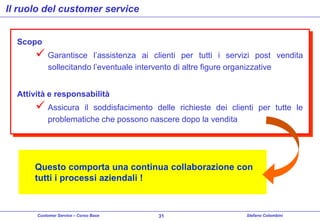 Il ruolo del customer service
Scopo

 Garantisce

l’assistenza ai clienti per tutti i servizi post vendita
sollecitando l’eventuale intervento di altre figure organizzative

Attività e responsabilità

 Assicura

il soddisfacimento delle richieste dei clienti per tutte le
problematiche che possono nascere dopo la vendita

Questo comporta una continua collaborazione con
tutti i processi aziendali !

Customer Service – Corso Base

31

Stefano Colombini

 