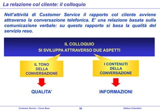 La relazione col cliente: il colloquio
Nell’attività di Customer Service il rapporto col cliente avviene
attraverso la conversazione telefonica. E’ una relazione basata sulla
comunicazione verbale: su questo rapporto si basa la qualità del
servizio reso.
IL COLLOQUIO
SI SVILUPPA ATTRAVERSO DUE ASPETTI

IL TONO
DELLA
CONVERSAZIONE

I CONTENUTI
DELLA
CONVERSAZIONE

QUALITA’

INFORMAZIONI

Customer Service – Corso Base

56

Stefano Colombini

 