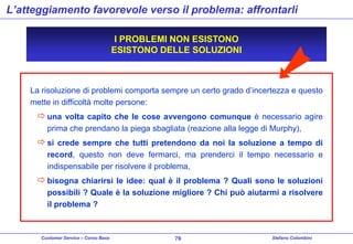 L’atteggiamento favorevole verso il problema: affrontarli
I PROBLEMI NON ESISTONO
ESISTONO DELLE SOLUZIONI

La risoluzione di problemi comporta sempre un certo grado d’incertezza e questo
mette in difficoltà molte persone:

 una volta capito che le cose avvengono comunque è necessario agire
prima che prendano la piega sbagliata (reazione alla legge di Murphy),

 si crede sempre che tutti pretendono da noi la soluzione a tempo di
record, questo non deve fermarci, ma prenderci il tempo necessario e
indispensabile per risolvere il problema,

 bisogna chiarirsi le idee: qual è il problema ? Quali sono le soluzioni
possibili ? Quale è la soluzione migliore ? Chi può aiutarmi a risolvere
il problema ?

Customer Service – Corso Base

79

Stefano Colombini

 