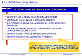 3. La definizione del problema
GLI ASPETTI DEL PROBLEMA E DELLA SOLUZIONE

 CONFRONTARE IL PROBLEMA CON SITUAZIONI SIMILI
 VERIFICARE E ANALIZZARE I DATI A DISPOSIZIONE
 IDENTIFICARE CHI DEVE COLLABORARE ALLA SOLUZIONE DEL
PROBLEMA

 DEFINIRE LE INFORMAZIONI DA COMUNICARE A CHI VIENE
COINVOLTO NELLA SOLUZIONE

 DEFINIRE L’OBIETTIVO CHE SI VUOLE RAGGIUNGERE
 DEFINIRE I TEMPI DI SOLUZIONE DEL PROBLEMA
UNA GIUSTA DEFINIZIONE DEL PROBLEMA
GETTA LE BASI PER LA CORRETTA SOLUZIONE
Customer Service – Corso Base

89

Stefano Colombini

 