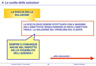 4. La scelta delle soluzioni
LA SCELTA DELLA
SOLUZIONE

LA SCELTA DEVE ESSERE EFFETTUATA CON IL MASSIMO
DELL’OBIETTIVITA’ SENZA PERDERE DI VISTA L’OBIETTIVO
FINALE: LA SOLUZIONE DEL PROBLEMA DEL CLIENTE

SEMPRE E COMUNQUE
ANCHE NEL RISPETTO
DELLE POSSIBILITA’
DELL’AZIENDA !
…altre domande!…

Customer Service – Corso Base

91

Stefano Colombini

 