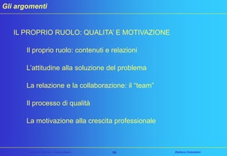 Gli argomenti

IL PROPRIO RUOLO: QUALITA’ E MOTIVAZIONE
Il proprio ruolo: contenuti e relazioni
L’attitudine alla soluzione del problema
La relazione e la collaborazione: il “team”
Il processo di qualità
La motivazione alla crescita professionale

Customer Service – Corso Base

99

Stefano Colombini

 