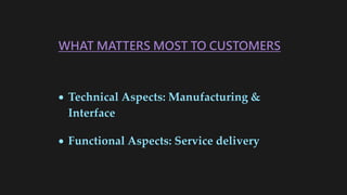 WHAT MATTERS MOST TO CUSTOMERS
 Technical Aspects: Manufacturing &
Interface
 Functional Aspects: Service delivery
 