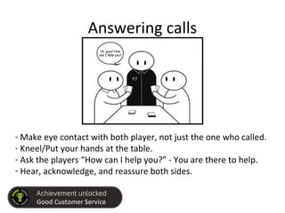 Answering calls
- Make eye contact with both player, not just the one who called.
- Kneel/Put your hands at the table.
- Ask the players “How can I help you?” - You are there to help.
- Hear, acknowledge, and reassure both sides.
 
