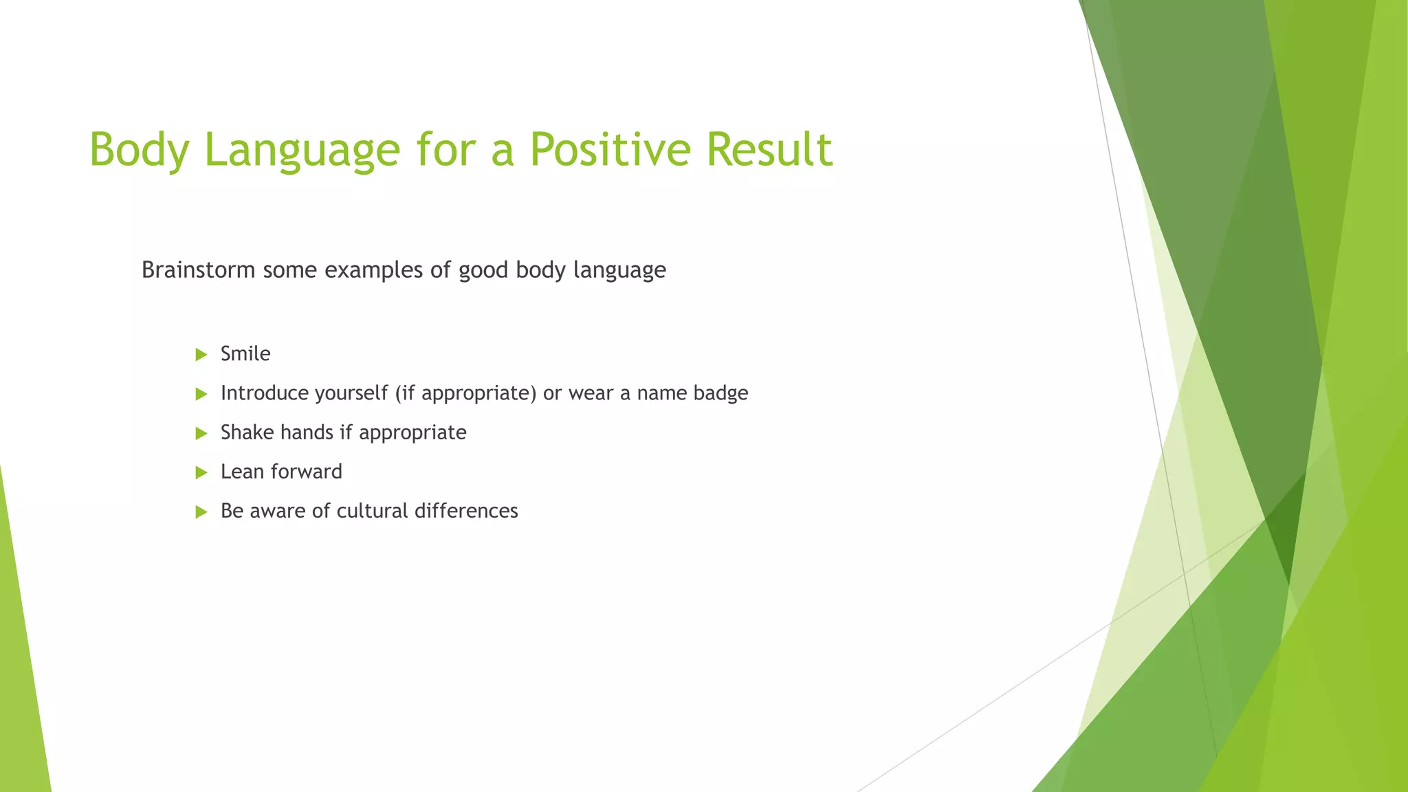 Body Language for a Positive Result
Brainstorm some examples of good body language
 Smile
 Introduce yourself (if appropriate) or wear a name badge
 Shake hands if appropriate
 Lean forward
 Be aware of cultural differences
 