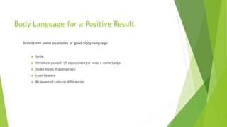 Body Language for a Positive Result
Brainstorm some examples of good body language
 Smile
 Introduce yourself (if appropriate) or wear a name badge
 Shake hands if appropriate
 Lean forward
 Be aware of cultural differences
 