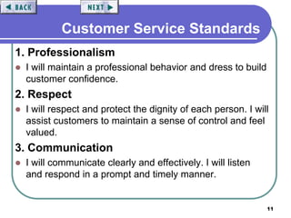 11
Customer Service Standards
1. Professionalism
 I will maintain a professional behavior and dress to build
customer confidence.
2. Respect
 I will respect and protect the dignity of each person. I will
assist customers to maintain a sense of control and feel
valued.
3. Communication
 I will communicate clearly and effectively. I will listen
and respond in a prompt and timely manner.
 