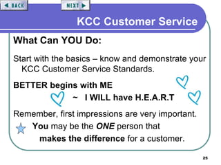 25
KCC Customer Service
What Can YOU Do:
Start with the basics – know and demonstrate your
KCC Customer Service Standards.
BETTER begins with ME
~ I WILL have H.E.A.R.T
Remember, first impressions are very important.
You may be the ONE person that
makes the difference for a customer.
 