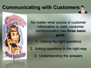 Communicating with Customers

          No matter what source of customer
             information is used, customer
            communication has three basic
                         parts:
             1. Asking the right questions

          2. Asking questions in the right way

            3. Understanding the answers
 