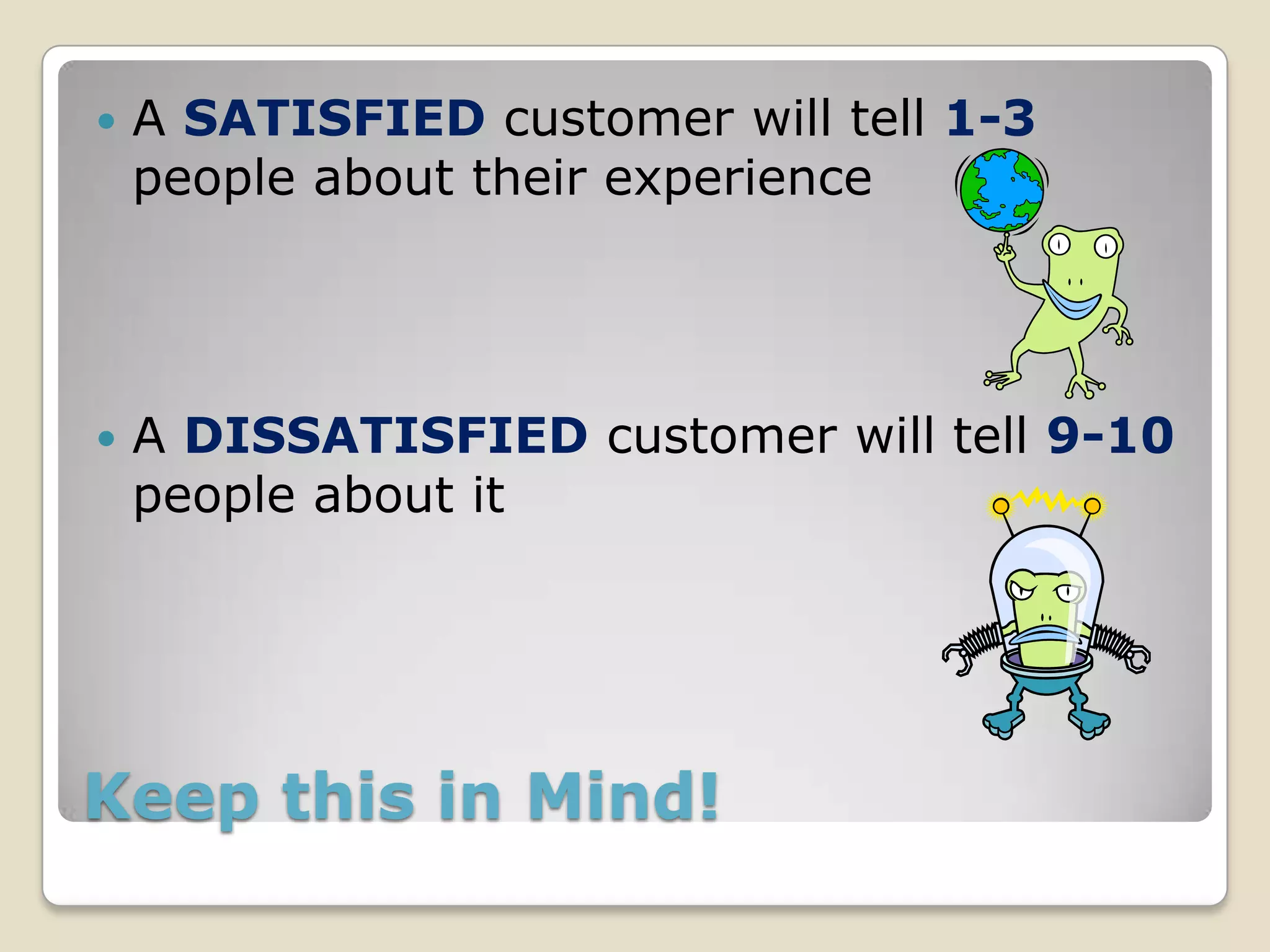    A SATISFIED customer will tell 1-3
    people about their experience




   A DISSATISFIED customer will tell 9-10
    people about it




Keep this in Mind!
 