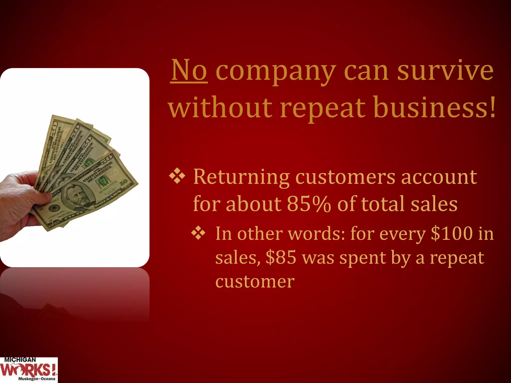 No company can survive
without repeat business!
 Returning customers account
for about 85% of total sales
 In other words: for every $100 in
sales, $85 was spent by a repeat
customer
 