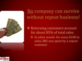 No company can survive
without repeat business!
 Returning customers account
for about 85% of total sales
 In other words: for every $100 in
sales, $85 was spent by a repeat
customer
 