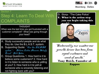 Section 7
Step 4: Learn To Deal With
COMPLAINTS
A. Study successful people and do what
they do. Use the B.L.A.S.T. system.
B. Supporting Quote: ” Use the B.L.A.S.T.
system." - Believe, Listen, Answer, Satisfy,
Trust.” Bill Gates
C. Group Questions: 1. How hard is it to
believe some customers? 2. How hard
is it to listen to someone who is yelling
at you? 3. How hard is it to yell at
someone who is sincerely listening and
not fighting back with you?
A. Study successful people and do what
they do. Use the B.L.A.S.T. system.
B. Supporting Quote: ” Use the B.L.A.S.T.
system." - Believe, Listen, Answer, Satisfy,
Trust.” Bill Gates
C. Group Questions: 1. How hard is it to
believe some customers? 2. How hard
is it to listen to someone who is yelling
at you? 3. How hard is it to yell at
someone who is sincerely listening and
not fighting back with you?
D. Story: “The Cake Police”
E. What is the action step
you can begin taking this
week?
D. Story: “The Cake Police”
E. What is the action step
you can begin taking this
week?
"Historically, our number-one
growth driver has been from
repeat customers and
word of mouth.”
Tony Hsieh, Founder of
Zappos
THOUGHT
When was the last time you got frustrated with a
customer complaint? What was going through
your head?
THOUGHT
When was the last time you got frustrated with a
customer complaint? What was going through
your head?
 
