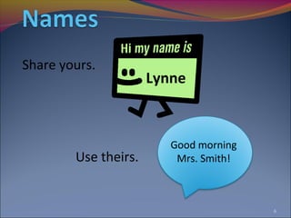 Share yours.
                      Lynne



                         Good morning
        Use theirs.       Mrs. Smith!



                                        6
 