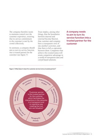 The company therefore needs                                     Trust implies, among other                              A company needs
to maintain control over the                                    things, that the boundaries                             to aim to turn its
customer experience, ensuring                                   between internal and
that its service commitment                                     external become blurred,
                                                                                                                        service function into a
to the customer is met by the                                   that customer and company                               trusted partner for the
crowd collectively.                                             have a transparent view of                              customer
                                                                one another’s activities, and
In summary, a company should                                    that there is full co-operation
aim to turn its service function                                between them. Companies that
into a trusted partner for the                                  achieve this trusted status will
customer (see figure 7).                                        retain competitive advantage in
                                                                a world of transparent data and
                                                                crowd-based solutions.



Figure 7: What does it mean for customer service to be a trusted partner?




                                                    s               Produ
                                               es a                      ct b
                                          ervic                        are
                                                                             oun
                                                                                d
                                      ll s      uct                        gon arie
                                    Se prod                                   e    s
                                         a
                                                                                       Ma tly to cu
                                                                                        dir
                      be




                                                                                          nuf




                                                   “Customer service
                                                                                           ec
                 ated
                  ust




                                                                                              actu




                                                 is the trusted partner
       Win-win m
       clearly st




                                                    for the customer
                                                                                                  rers selling




                                                  which facilitates the
                                                                                                     stomers




                                             interactions in the networks
                                                  in a transparent and
                                                    co-operative way
                                                    creating the true
                                                   win-win situation”
                  Ho




                                                                                   er B 2 C
                    lis
             the




                                                                                        io n
                 t i c to




                                                                                o p nd
                                                                                     at
                      cu

                       vi e




                                    w
                                                                                    a
                          s




                           m            of                                      B 2 o-
                                                                                  B




                               er
                                                                                   c
                                                    M a n agin g th e
                                                        diversity




                                                                                                                 Customer Service in 2020: Winning in a Digital World   27
 