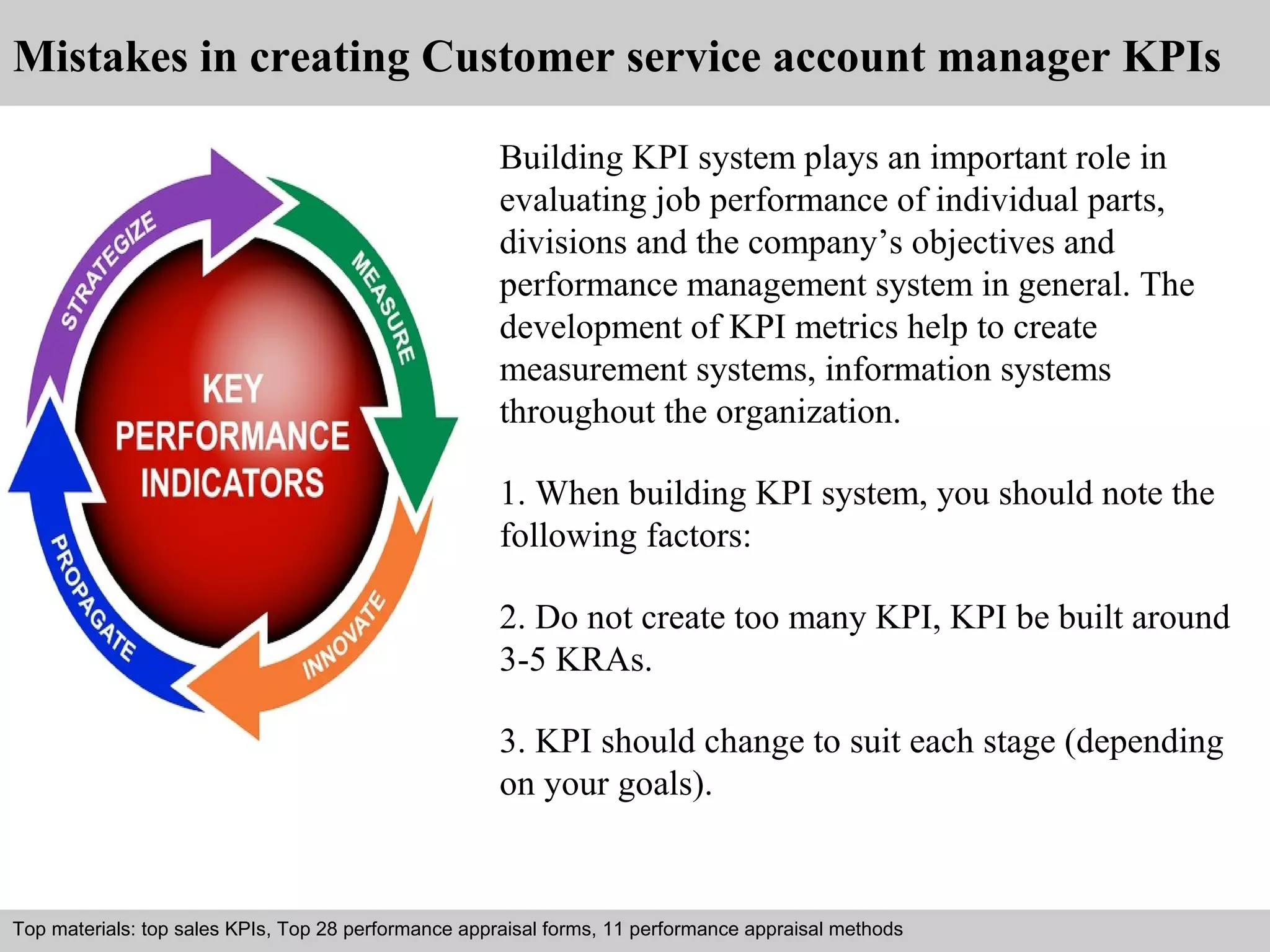 Mistakes in creating Customer service account manager KPIs 
Building KPI system plays an important role in 
evaluating job performance of individual parts, 
divisions and the company’s objectives and 
performance management system in general. The 
development of KPI metrics help to create 
measurement systems, information systems 
throughout the organization. 
1. When building KPI system, you should note the 
following factors: 
2. Do not create too many KPI, KPI be built around 
3-5 KRAs. 
3. KPI should change to suit each stage (depending 
on your goals). 
Top materials: top sales KPIs, Top 28 performance appraisal forms, 11 performance appraisal methods 
Interview questions and answers – free download/ pdf and ppt file 
 