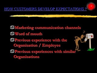 HOW CUSTOMERS DEVELOP EXPECTATIONS ?
Marketing communication channels
Word of mouth
Previous experience with the
Organi...