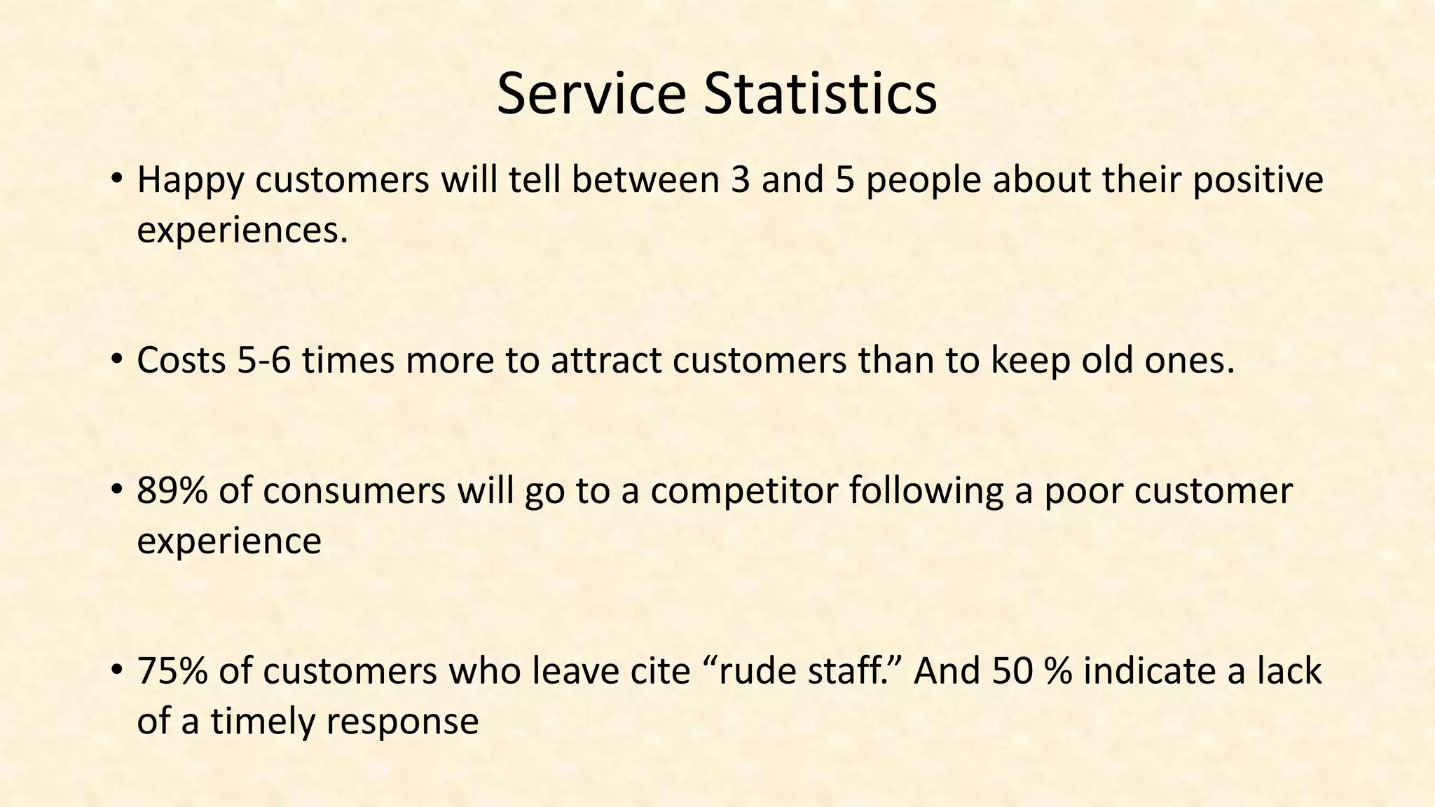 Service Statistics
• Happy customers will tell between 3 and 5 people about their positive
experiences.
• Costs 5-6 times more to attract customers than to keep old ones.
• 89% of consumers will go to a competitor following a poor customer
experience
• 75% of customers who leave cite “rude staff.” And 50 % indicate a lack
of a timely response
 