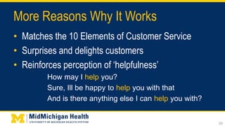 More Reasons Why It Works
• Matches the 10 Elements of Customer Service
• Surprises and delights customers
• Reinforces perception of ‘helpfulness’
How may I help you?
Sure, Ill be happy to help you with that
And is there anything else I can help you with?
39
 