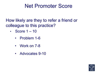 Net Promoter Score
How likely are they to refer a friend or
colleague to this practice?
• Score 1 – 10
• Problem 1-6
• Work on 7-8
• Advocates 9-10
 