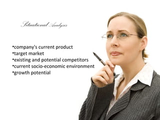 <ul><li>company's current product </li></ul><ul><li>target market </li></ul><ul><li>existing and potential competitors </l...