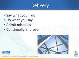 Delivery
• Say what you’ll do
• Do what you say
• Admit mistakes
• Continually improve
 