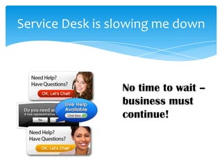 Service Desk is slowing me down



                 No time to wait –
                 business must
                 continue!
 