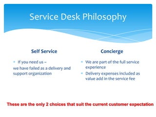 Service Desk Philosophy


             Self Service                     Concierge

     If you need us –                 We are part of the full service
   we have failed as a delivery and   experience
   support organization               Delivery expenses included as
                                      value add in the service fee




These are the only 2 choices that suit the current customer expectation
 