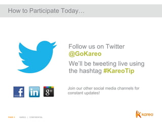How to Participate Today…

Follow us on Twitter
@GoKareo
We’ll be tweeting live using
the hashtag #KareoTip
Join our other social media channels for
constant updates!

PAGE 3

KAREO | CONFIDENTIAL

 