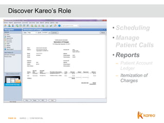 Discover Kareo’s Role
• Scheduling
• Manage
Patient Calls
• Reports
– Patient Account
Ledger
– Itemization of
Charges

PAGE 30

KAREO | CONFIDENTIAL

 
