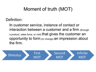 Moment of truth (MOT)
Definition:
In customer service, instance of contact or
interaction between a customer and a firm (through
a product, sales force, or visit) that gives the customer an
opportunity to form (or change) an impression about
the firm.
Stimulus
First
MOT
Second
MOT
Infinite
MOT
 