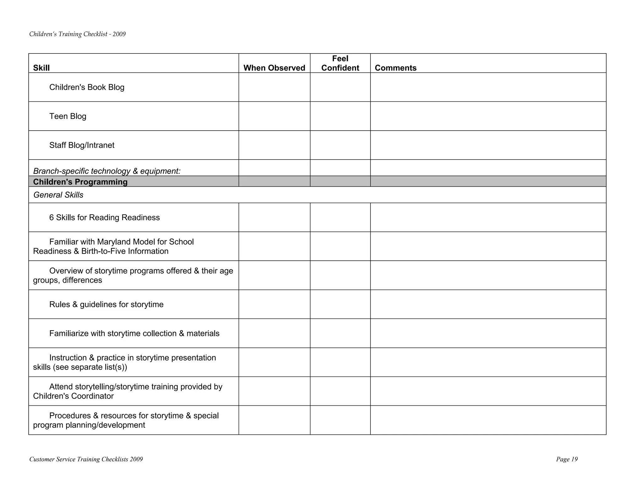 Children’s Training Checklist ‐ 2009 


                                                                             Feel
 Skill                                                     When Observed   Confident   Comments

       Children's Book Blog


       Teen Blog


       Staff Blog/Intranet


 Branch-specific technology & equipment:
 Children's Programming
 General Skills

       6 Skills for Reading Readiness

    Familiar with Maryland Model for School
 Readiness & Birth-to-Five Information

     Overview of storytime programs offered & their age
 groups, differences

       Rules & guidelines for storytime


       Familiarize with storytime collection & materials

       Instruction & practice in storytime presentation
 skills (see separate list(s))

     Attend storytelling/storytime training provided by
 Children's Coordinator

     Procedures & resources for storytime & special
 program planning/development



Customer Service Training Checklists 2009                                                         Page 19
 