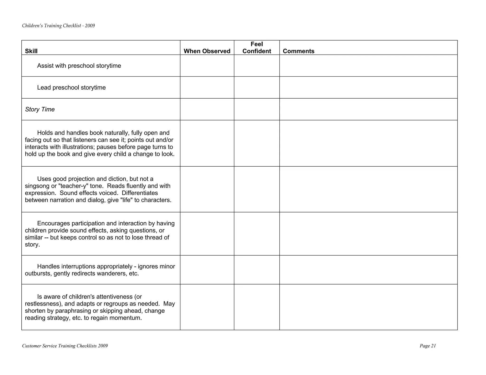 Children’s Training Checklist ‐ 2009 


                                                                                Feel
 Skill                                                        When Observed   Confident   Comments

       Assist with preschool storytime


       Lead preschool storytime


 Story Time


      Holds and handles book naturally, fully open and
 facing out so that listeners can see it; points out and/or
 interacts with illustrations; pauses before page turns to
 hold up the book and give every child a change to look.



     Uses good projection and diction, but not a
 singsong or "teacher-y" tone. Reads fluently and with
 expression. Sound effects voiced. Differentiates
 between narration and dialog, give "life" to characters.


      Encourages participation and interaction by having
 children provide sound effects, asking questions, or
 similar -- but keeps control so as not to lose thread of
 story.


     Handles interruptions appropriately - ignores minor
 outbursts, gently redirects wanderers, etc.


      Is aware of children's attentiveness (or
 restlessness), and adapts or regroups as needed. May
 shorten by paraphrasing or skipping ahead, change
 reading strategy, etc. to regain momentum.



Customer Service Training Checklists 2009                                                            Page 21
 