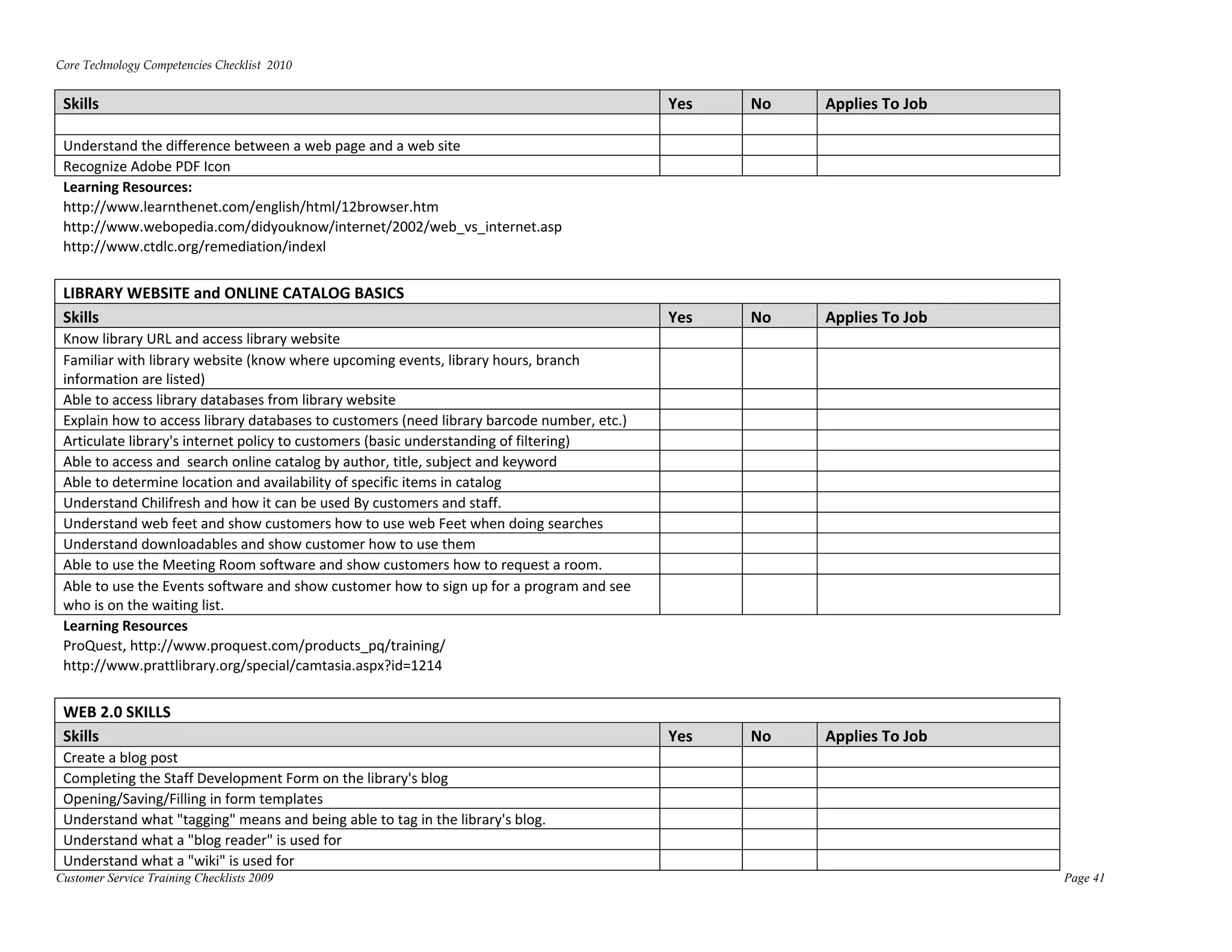 Core Technology Competencies Checklist  2010 
 
 Skills                                                                                       Yes    No    Applies To Job 

 Understand the difference between a web page and a web site                                                 
 Recognize Adobe PDF Icon                                                                                    
 Learning Resources: 
 http://www.learnthenet.com/english/html/12browser.htm       




 http://www.webopedia.com/didyouknow/internet/2002/web_vs_internet.asp             




 http://www.ctdlc.org/remediation/indexl         




 LIBRARY WEBSITE and ONLINE CATALOG BASICS  
 Skills                                                                                       Yes    No    Applies To Job 
 Know library URL and access library website                                                                 
 Familiar with library website (know where upcoming events, library hours, branch 
 information are listed)                                                                                     
 Able to access library databases from library website                                                       
 Explain how to access library databases to customers (need library barcode number, etc.)                    
 Articulate library's internet policy to customers (basic understanding of filtering)                        
 Able to access and  search online catalog by author, title, subject and keyword                             
 Able to determine location and availability of specific items in catalog                                    
 Understand Chilifresh and how it can be used By customers and staff.                                        
 Understand web feet and show customers how to use web Feet when doing searches                              
 Understand downloadables and show customer how to use them                                                  
 Able to use the Meeting Room software and show customers how to request a room.                             
 Able to use the Events software and show customer how to sign up for a program and see 
 who is on the waiting list.                                                                                 
 Learning Resources 
 ProQuest, http://www.proquest.com/products_pq/training/         




 http://www.prattlibrary.org/special/camtasia.aspx?id=1214           




 WEB 2.0 SKILLS  
 Skills                                                                                       Yes    No    Applies To Job 
 Create a blog post                                                                                          
 Completing the Staff Development Form on the library's blog                                                 
 Opening/Saving/Filling in form templates                                                                    
 Understand what "tagging" means and being able to tag in the library's blog.                                
 Understand what a "blog reader" is used for                                                                 
 Understand what a "wiki" is used for                                                                        
Customer Service Training Checklists 2009                                                                                    Page 41
 