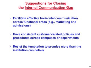 Suggestions for Closing
the Internal Communication Gap
• Facilitate effective horizontal communication
across functional areas (e.g., marketing and
admissions)
• Have consistent customer-related policies and
procedures across campuses or departments
• Resist the temptation to promise more than the
institution can deliver
19
 