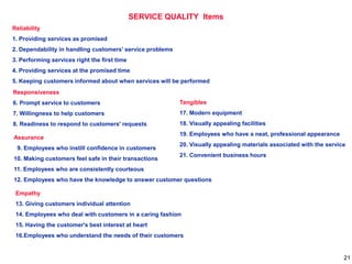 SERVICE QUALITY Items
Reliability
1. Providing services as promised
2. Dependability in handling customers' service problems
3. Performing services right the first time
4. Providing services at the promised time
5. Keeping customers informed about when services will be performed
Responsiveness
6. Prompt service to customers
7. Willingness to help customers
8. Readiness to respond to customers' requests
Assurance
9. Employees who instill confidence in customers
10. Making customers feel safe in their transactions
11. Employees who are consistently courteous
12. Employees who have the knowledge to answer customer questions
Empathy
13. Giving customers individual attention
14. Employees who deal with customers in a caring fashion
15. Having the customer's best interest at heart
16.Employees who understand the needs of their customers
Tangibles
17. Modern equipment
18. Visually appealing facilities
19. Employees who have a neat, professional appearance
20. Visually appealing materials associated with the service
21. Convenient business hours
21
 