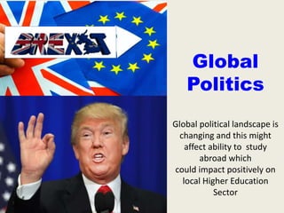 Global
Politics
Global political landscape is
changing and this might
affect ability to study
abroad which
could impact positively on
local Higher Education
Sector
 