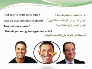 Is it easy to smile every time ?
Can we pass our smile to others?
Can you fake a smile?
How do you recognize a genuine smile?
‫؟‬ ‫وقت‬ ‫كل‬ ‫نبتسم‬ ‫أن‬ ‫السهل‬ ‫من‬ ‫هل‬
‫؟‬ ‫لألخرين‬ ‫األبتسامة‬ ‫ننقل‬ ‫أن‬ ‫الممكن‬ ‫من‬ ‫هل‬
‫؟‬ ‫األبتسامة‬ ‫تزييف‬ ‫الممكن‬ ‫من‬ ‫هل‬
‫؟‬ ‫الحقيقية‬ ‫األبتسامة‬ ‫على‬ ‫تتعرف‬ ‫أن‬ ‫يمكنك‬ ‫كيف‬
11
 